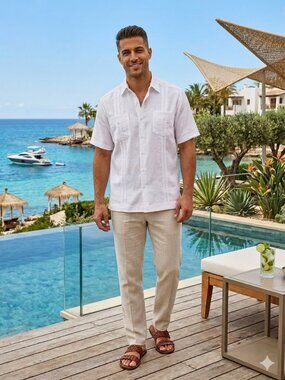Cafe Luna Shirt Men's XL White Linen Blend Button Up Short Sleeve